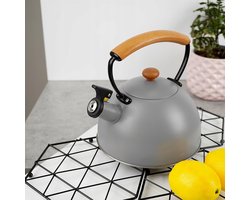 Grijze Stalen Waterkoker met Fluitje en Houten Handvat voor Gas/Inductie