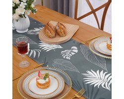 Grijze tafelloper van linnen met tropische bladeren design voor eettafel, keuken en banket - Antislip en hittebestendig - Moderne boho stijl - 183 x 35 cm