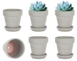 Grijze terracotta kleipotten met schotel - set van 6 kleine bloempotten voor binnen en buiten