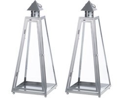 Grijze tuin lantaarn/windlicht van ijzer 21,8 x 21,8 x 54,3 cm - 2x - Tuinverlichting - Kaarsenhouders - Lantaarns