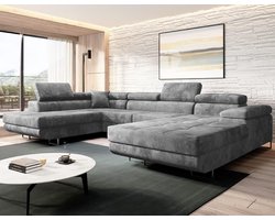 Grijze U-vormige Hoekbank met Slaapfunctie en Beddengoedcontainer - Verstelbare Hoofdsteunen - Stijlvolle Velours Bank voor Moderne Interieurs