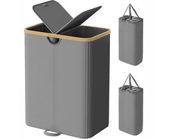 Grijze Wasbox met Deksel - 150L - 2 Vakken - Opvouwbaar