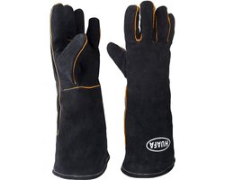 Grill Handschoenen (1 paar), lederen hittebestendige BBQ-handschoenen van HUAFA, lang, in universele maat, ovenwanten, openhaardhandschoenen, kookhandschoenen voor barbecues, keukens, ovens, magnetrons (zwart)