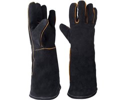 Grill Handschoenen (1 paar), lederen hittebestendige BBQ-handschoenen van , lang, in universele maat, ovenwanten, openhaardhandschoenen, kookhandschoenen voor barbecues, keukens, ovens, magnetrons (zwart)