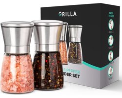 Grilla Peper en Zoutmolen Set - Zout en Peperstel - Zoutvaatje en Pepermolen - RVS - 14 cm
