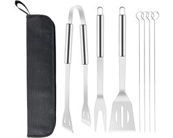Grillbestek-set, gereedschapsset, 7-delig BBQ grillgereedschap, accessoires, grillvork, grillklemmen, spatel, grillstokjes, roestvrij staal, BBQ, grillen, kookgereedschap met draagtas, voor tuin en