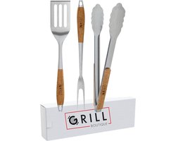 GrillBoutique BBQ Accessoires – Roestvrijstalen BBQ Accessoires – BBQ Tang, BBQ Spatel, BBQ Vork – Duurzame BBQ Gereedschappen - Complete BBQ Set