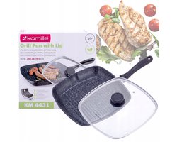 Grillpan met Marmercoating 28cm met Deksel - Geschikt voor Inductie