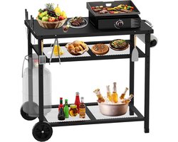 Grillwagen, 3 verdiepingen barbecue eetwagen, keukenwagen met papieren handdoekhouder en haken, outdoor serveerwagen bijzettafel (zwart)