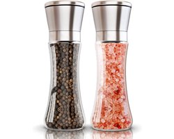 Grinder - Set van 2 - Voor Zout en Peper - Verstelbare Grofheid Grof & Fijne Zout Shakers - Premium Glas Body - Roestvrijstalen Deksel - Zout en Pepermolens - Handmatige - Voor Verschillende Kruiden