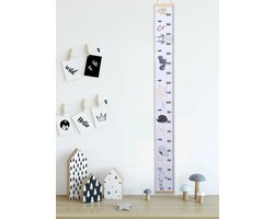 Groeimeter Babykamer & Kinderkamer – Canvas Meetlat met Dierenprint – Houten Ophanging – 200x20 cm – Neutrale Wanddecoratie voor Kinderen