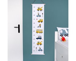 Groeimeter Dieren Onderweg wit 30cm x 130cm - groeimeter - babykameraccessoire - katoen-voertuigen - dieren - bus - takelwagen - krokodil - aap - baviaan - blauw - oker - jongenskamer - muurdecoratie - stokken - lederlook touwtje