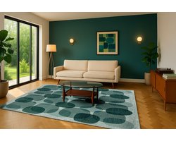 Groen en blauw tapijt met willekeurige, ronde vormen en een "Café" bonenmotief - Vloerkleed - 200 x 280 cm