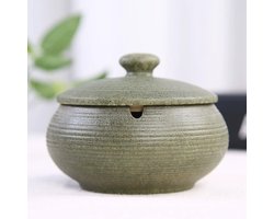 Groen grof aardewerk- Keramische Asbak met Deksel - Retro Glazuur - Anti-geur - Rookhouder - Voor Binnen & Buiten-11.2*9cm