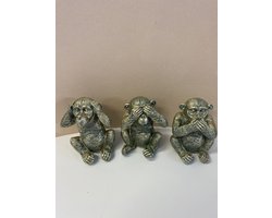 Groen metallic apen " horen, zien & zwijgen" beeldjes - groen metallic - set van 3 - 13 cm hoog - polyresin - Decoratieve beeldjes - Woonaccessoires
