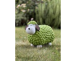 Groen schaap wol klein 34 cm hoog - polyester - polyresin - polystone - hoogkwalitatieve kunststof - decoratiefiguur - interieur - accessoire - voor binnen - voor buiten - cadeau - geschenk - tuinfiguur - tuinbeeld