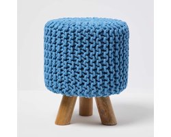 Groenblauw Katoen Gebreide Poef Voetbank - 32 x 32 x 42 cm