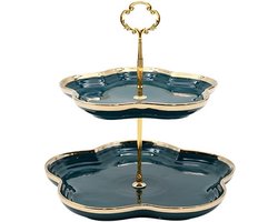 Groene 2-laags etagère van porselein - serveerschaal met gouden rand en draaggreep voor cupcakes, taart, fruit en snacks - voor feestjes en high tea