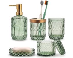 Groene badkameraccessoires set van 5 delig glas - Vintage design met diamant geslepen oppervlak