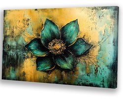 Groene bloem met gouden details - Bloem canvaskunst - Muurdecoratie canvas natuur - Abstract expressionisme - Decoratie voor thuis - Woonkamer accessoires - Canvas 60x40 cm