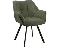 Groene eetkamerstoel met armleuningen en metalen frame, draaibaar