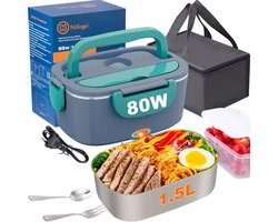 Groene Elektrische Lunchbox 80 W – 1,5 L Roestvrij Staal met Isolatietas – Draagbare Verwarmingsbox voor Auto, Kantoor & Reizen