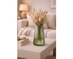 Groene Glazen Vaas met Ribbelstructuur – Ø13 x H20 cm – Moderne Bloemenvaas voor Boeket of Enkele Takken – Decoratieve Design Vaas voor Woonkamer, Tafel en Dressoir