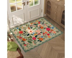 Groene laagpolige binnendeurmat van 40 × 60 cm met vintage boho bloemenprint, machinewasbaar en voorzien van stevige antislip onderlaag voor hal, voordeur, keuken en kinderkamer