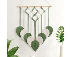 Groene Macramé Muurdecoratie met Handgemaakt Geweven Kwastje en Boheemse Veer - voor Slaapkamer, Woonkamer, Kantoor - Boho Chic Ornament met Groen Blad - Wandkunst voor Appartement Achtergrond