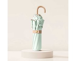 Groene opvouwbare parasol met elegante kanten rand, voorzien van sterke UV-bescherming en praktische haakhandvat, zonwerend, regenbestendig en windvast voor dagelijks gebruik