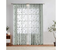 Groene vitrage gordijnen set van 2 panelen 132x213cm, verfijnde lichtdoorlatende raamvitrage met geborduurde blader- en bloemenpatronen, roede-insteek model geschikt voor slaapkamer en woonruimtes