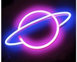 Groenovatie LED Neon Wandlamp "Planeet" - Op Batterijen en USB - 30x18x2cm - Blauw/Roze