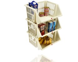 Groentemand 3 Stuks Crème – Stapelbare Opbergmanden voor Groente en Fruit – Mandenrek Keuken – Aardappel Uien Mand – Fruitmand Voorraadkast Organizer