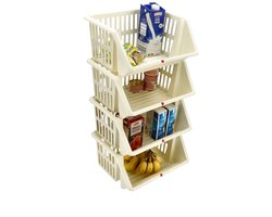 Groentemand 4 Stuks – Opbergmand voor Groente en Fruit – Stapelbare Fruitmand Keuken – Mandenrek Aardappelen Uien – Voorraadkast Organizer – Crème Kleur