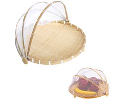 Groentemandjes - ronde broodmand -geweven fruitmandjes - bamboe tentmandjes - voedselbewaarmandjes - 30cm -picknickmandjes - stof- en insectenwerend met deksels - geschikt voor keukens, restaurants en picknicks in de buitenlucht - Houtkleur