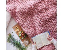 Grof Gebreide Deken - Dikke Plaid - Woonkamer Decoratie - Handgemaakt Chenille - 60x60cm - Roze