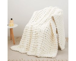 Grof gebreide deken, grof gebreide deken, breiwol, dik garen, 100% dikke wol voor handbreien, gebreide deken, dekens voor op de bank, gebreide spreien voor bedden, 101x127cm, witte kleur