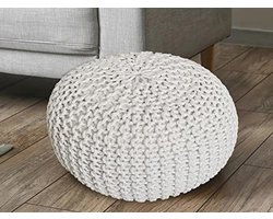 Grof Gebreide Poef Ø 55 cm - Multi-functionele Zitpoef met Hoogte 37 cm - Wit