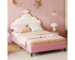Grokos - Eenpersoonsbed - 90 x 200 cm - Crown Princess bed - LED-verlichting - 2 laden - zonder matras - Roze