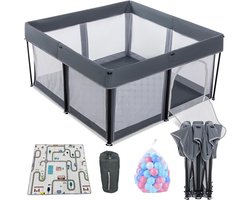 Grondbox – inklapbare box – box – grijs – speelbox – box voor baby’s – playpen – 125x125x65 cm – incl. 50 ballen, speelmat en opbergtas