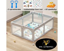 Grondbox – Speelbox – Kinderbox – Kruipbox – Playpen – Baby - 120 x 120 x 68 cm – Dubbelzijdige Speelmat Foam – 65 Speelballen – 2 optrekhandvatten – Rits Opening