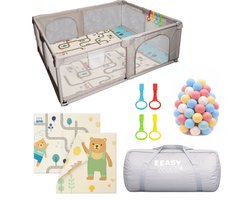 Grondbox – Top kwaliteit - Stevig - Eenvoudig - Twee formaten - 180x150cm - Inclusief Dubbelzijdige Speelmat – Baby Speelbox met 50x Speelballen - Kinderbox - Babybox - Box voor baby's - Kruipbox - Baby box - Playpen - Grijs