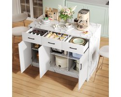 Groot keukeneiland 120 x 60 x 90,5 cm, 3 lades en 3 deuren, wit marmerdesign, verstelbare planken, stille lades, bardesign - stijlvol en praktisch keukengereedschap