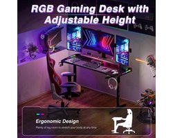 Groot Laptop Computer Bureau - Gaming en Thuiskantoor - met RGB LED Verlichting - Hoogte Verstelbaar - 160x60.5x120cm - Rechthoekig Staand Bureau - Zwart