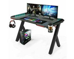 Groot Laptop Computer Bureau - Middelgroot - PC Bureau - Rechthoekig Staand Bureau - met RGB LED-verlichting - Gaming en Thuiskantoor - Zwart