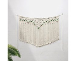 Groot macramé wandkleed met houten kralen, 100 x 65 cm, macramé wandtapijt, boho, geweven tapijt, slaapkamer, gordijn, franjes, slinger, banner woonkamer