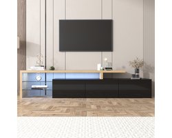 Groot TV Meubel - Moderne TV Kast - TV Dressoir-met App-gestuurde LED Verlichting en Glazen Planken - 197,5 cm- Opbergen- - Woonkamer Zwart en Hout