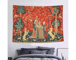 Groot Wandkleed Middeleeuws Meisje met Eenhoorn en Leeuw - Wanddecoratie 152x102 cm Zacht Flanel