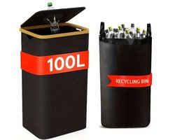Grote 100 liter Flessenverzamelaar voor selectieve sortering Afvalbak Afvalscheiding met deksel en 1 handzakken - Recycling voor glas, papier en kunststof - Zwart Prullenbakken