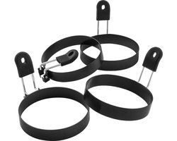 Grote antiaanbak-ei-ringset van 4 stuks, ronde muffinring voor Engelse muffins, pannenkoeken, bakplaat - draagbaar BBQ-accessoire voor kamperen, ontbijt binnenshuis, sandwiches en hamburgers.